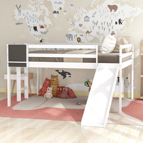 Anwickmak Full Size Wooden Loft Bed with Slide, Convertible Ladder, and Chalkboard for Kids and Teens, White Anwickmak