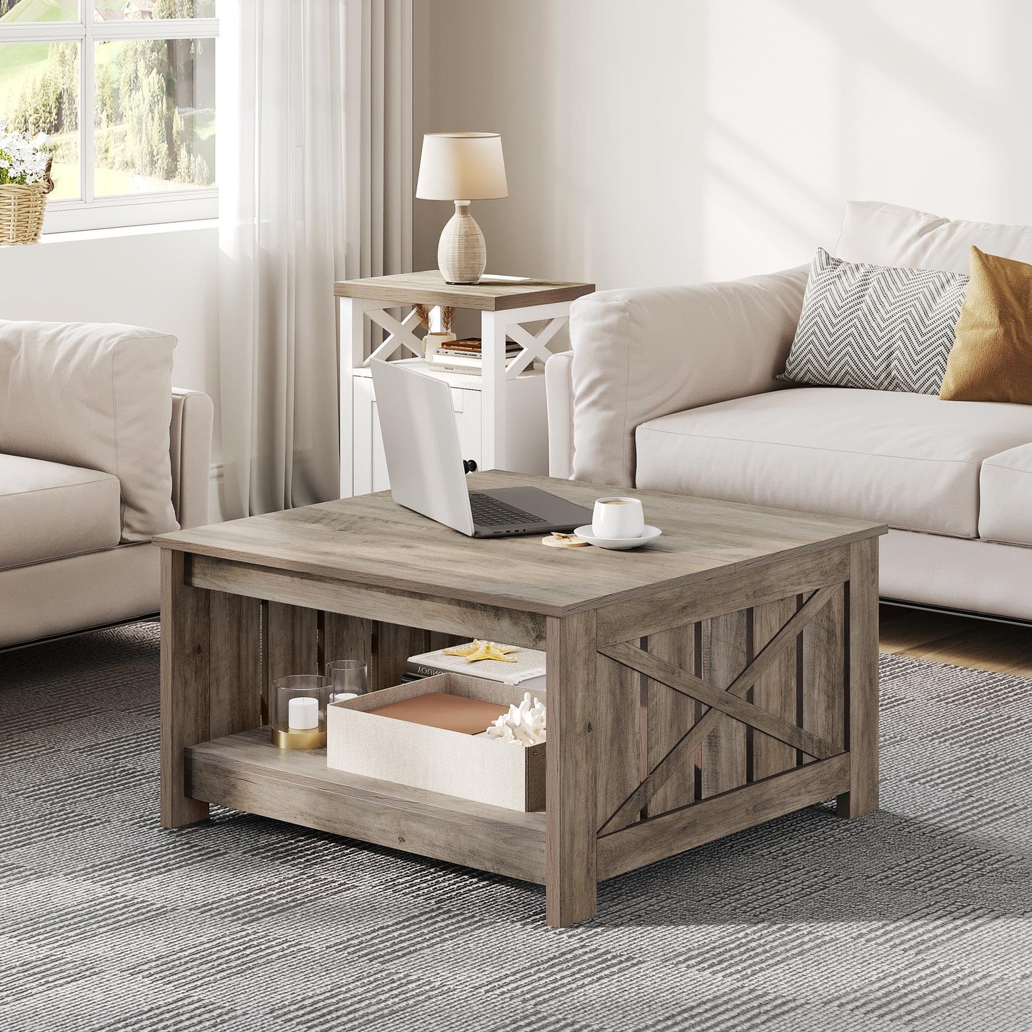 YITAHOME Coffee Table Farmhouse Coffee Table with Storage Rustic Wood Cocktail Table,Square Coffee Table for Living Meeting Room with Half Open Storage Compartment, Rustic Grey