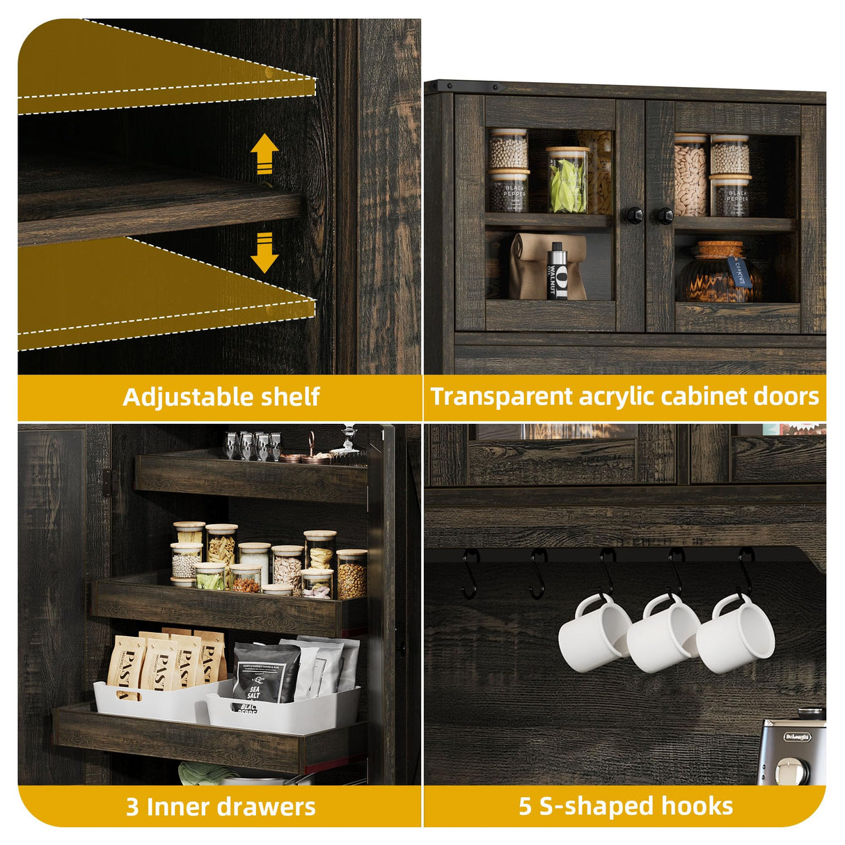 DWVO 71" Tall Kitchen Pantry Storage Cabinet with Charging Station, Kitchen Hutch Cabinet with Storage Drawers, Farmhouse Freestanding Cupboard Cabinet for Dining Room,Dark Rustic Oak DWVO