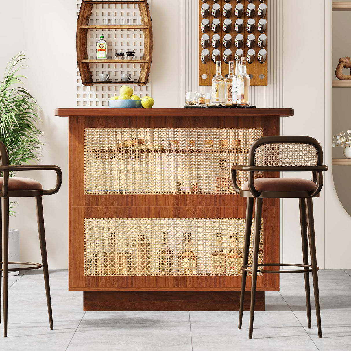 Tribesigns Caramel Brown Farmhouse Rattan Bar Cabinet with 4 Stemware Racks and Ample Storage Tribesigns