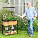 HAPPYGRILL Outdoor Raised Garden Bed, 59” Wooden Elevated Planter Box w/Open Storage Shelves, Removable Grid Divider, Drain Holes & Black Liner, Raised Garden Bed w/Legs & Trellis for Vegetables HAPPYGRILL