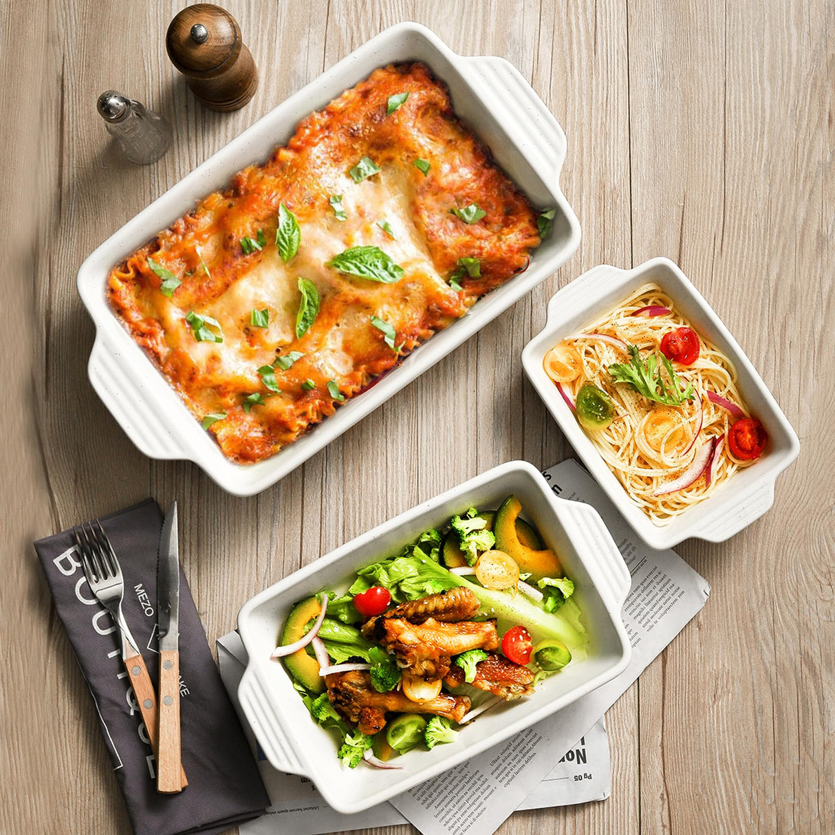 YMASINS Ceramic Baking Dish, Casserole Dishes for Oven, Extra Deep Lasagna Pans with Handles, Rectangular Bakeware Set of 3 from Oven to Table, Easy to Clean, 14.7 x 8.7 x 3 Inches, White YMASINS