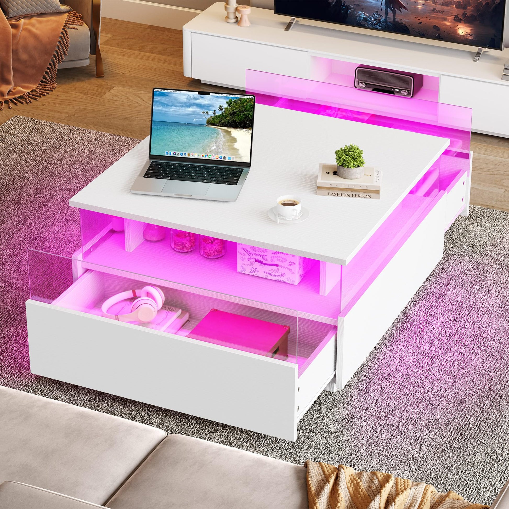 YITAHOME Coffee Tables for Living Room, Coffee Table with Storage, Square Coffee Table, Acrylic Coffee Table LED Coffee Table with 2 Sliding Drawers, Wood Center Table, White - WoodArtSupply