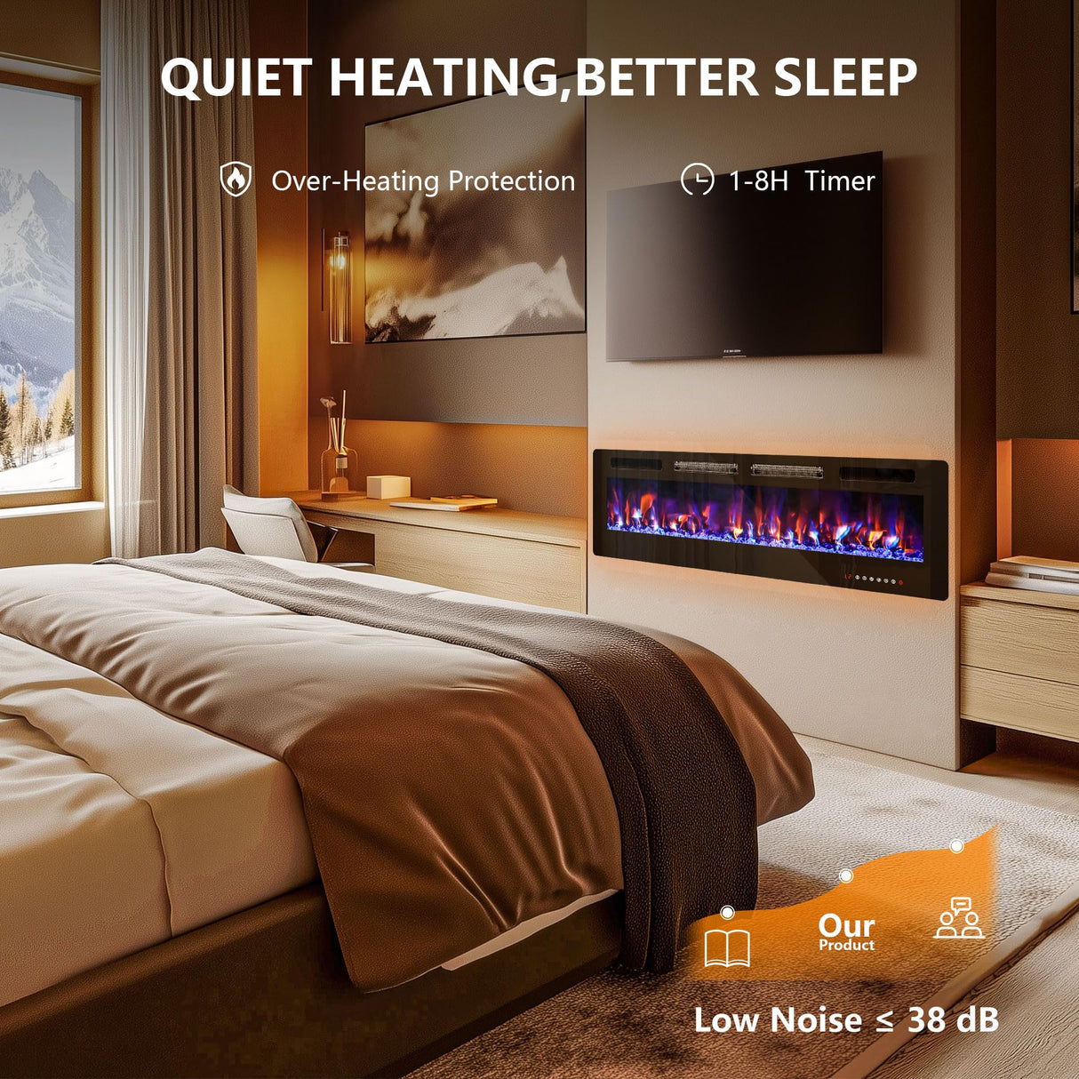 60" Electric Fireplace in-Wall Recessed,1500W Ultra-Thin Wall Mounted Fireplace Heater, Multicolor Flame Low Noise Timer Touch Screen &Remote Control Ludatido