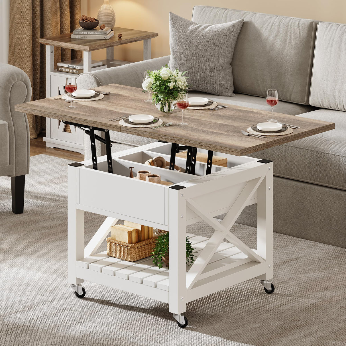 YITAHOME Lift Top Coffee Table with Wheels, Farmhouse Square Coffee Tables for Living Room, 2 Tier Small Coffee Table with Storage Compartment Rustic Wood Cocktail Table Dining Table, Grey Wash YITAHOME