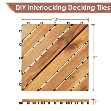 PrimeZone 108 PCS FSC Certified Acacia Wood Interlocking Patio Deck Tiles - 12" x 12" Indoor Outdoor Waterproof Flooring Tiles for Balcony, Backyard & Poolside, All Weather Use, Natural Wood, Diagonal PrimeZone