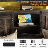 Fameill Farmhouse Full Size Bed Frame with 4 Drawers, Bookcase Headboard, LED Lights, Charging Station & Sliding Barn Door Shelves in Dark Rustic Oak Fameill