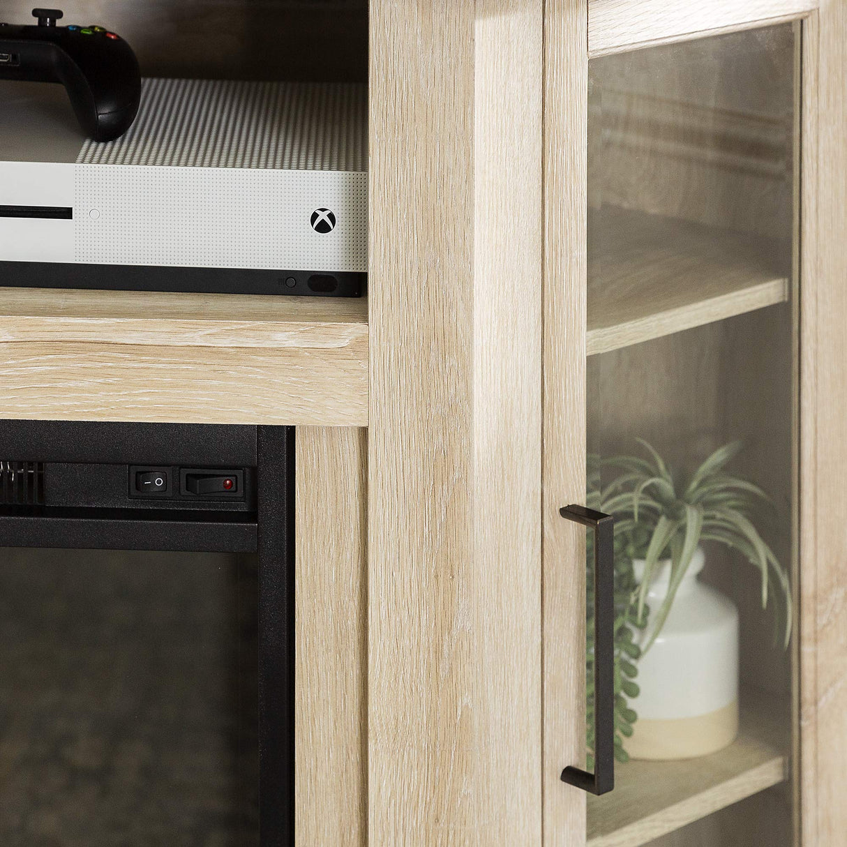 Walker Edison Alcott Classic Glass Door Fireplace Corner TV Stand for TVs up to 55 Inches, 48 Inch, White Oak Walker Edison