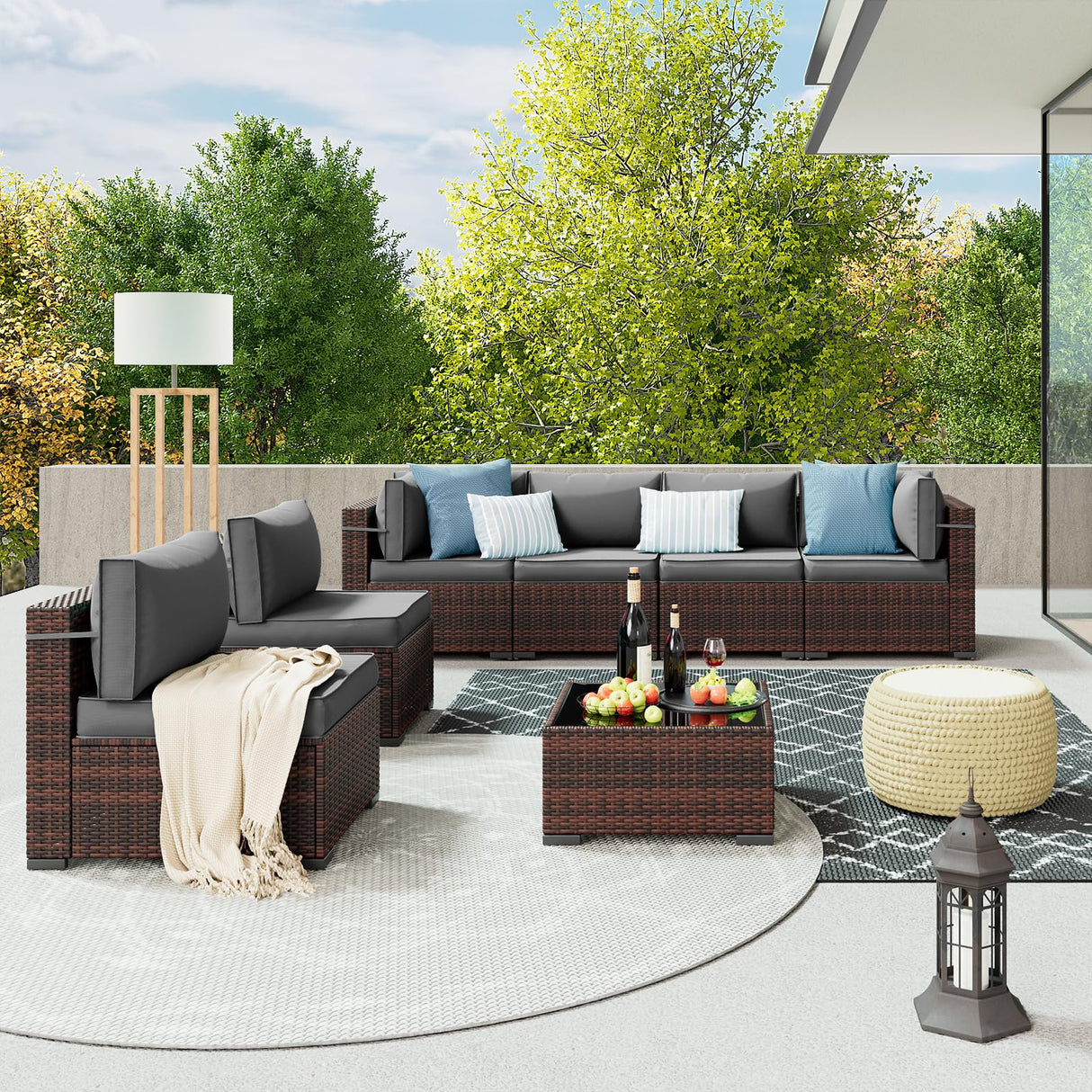 Amopatio Patio Furniture Sets, 7 Pieces Outdoor Rattan Sectional Sofa Set with Glass Table and Cushions, Wicker Patio Conversation Set for Outdoor Indoor Backyard Lawn Garden Porch (Grey) Amopatio