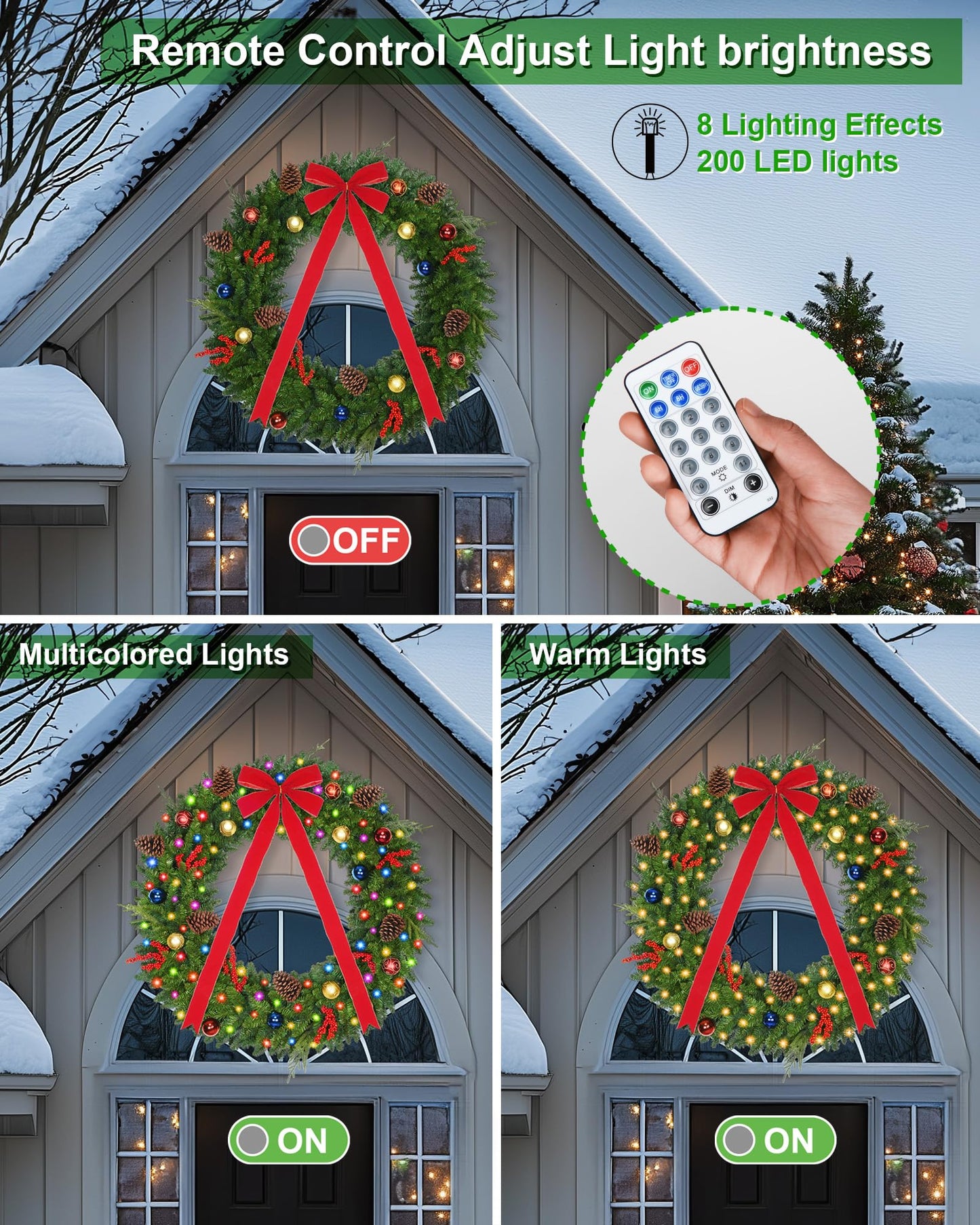 48 Inch Large Christmas Wreath with USB Powered 200 Lights,Pre-Lit Outdoor Christmas Wreath with Red Bow, Ornament Balls and Timer Remote Control,Christmas Door Wreath for Garage Porch Roof Front Door