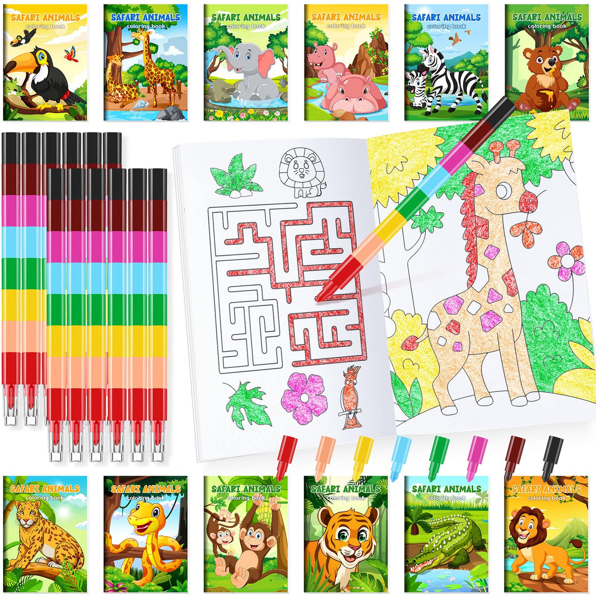 BenLouis 24 Jungle Safari Mini Coloring Books Kids with 24 Stacking Crayons Zoo Animals Party Favors Activity Books Bulk for Kids Wild One Lion Goodie Bag Gift Stuffer Classroom Reward BenLouis