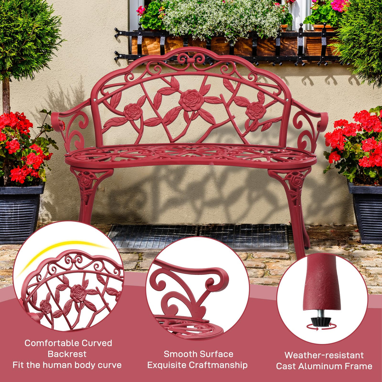 38.5in Outdoor Cast Aluminum Porch Benches,Weatherproof Patio Park Bench,Outside Leisure Bench,Outdoor Garden Park Bench,with Back and Armrests,for Lawn, Deck, Path, Backyard, Entryway (Red) Eikyutora