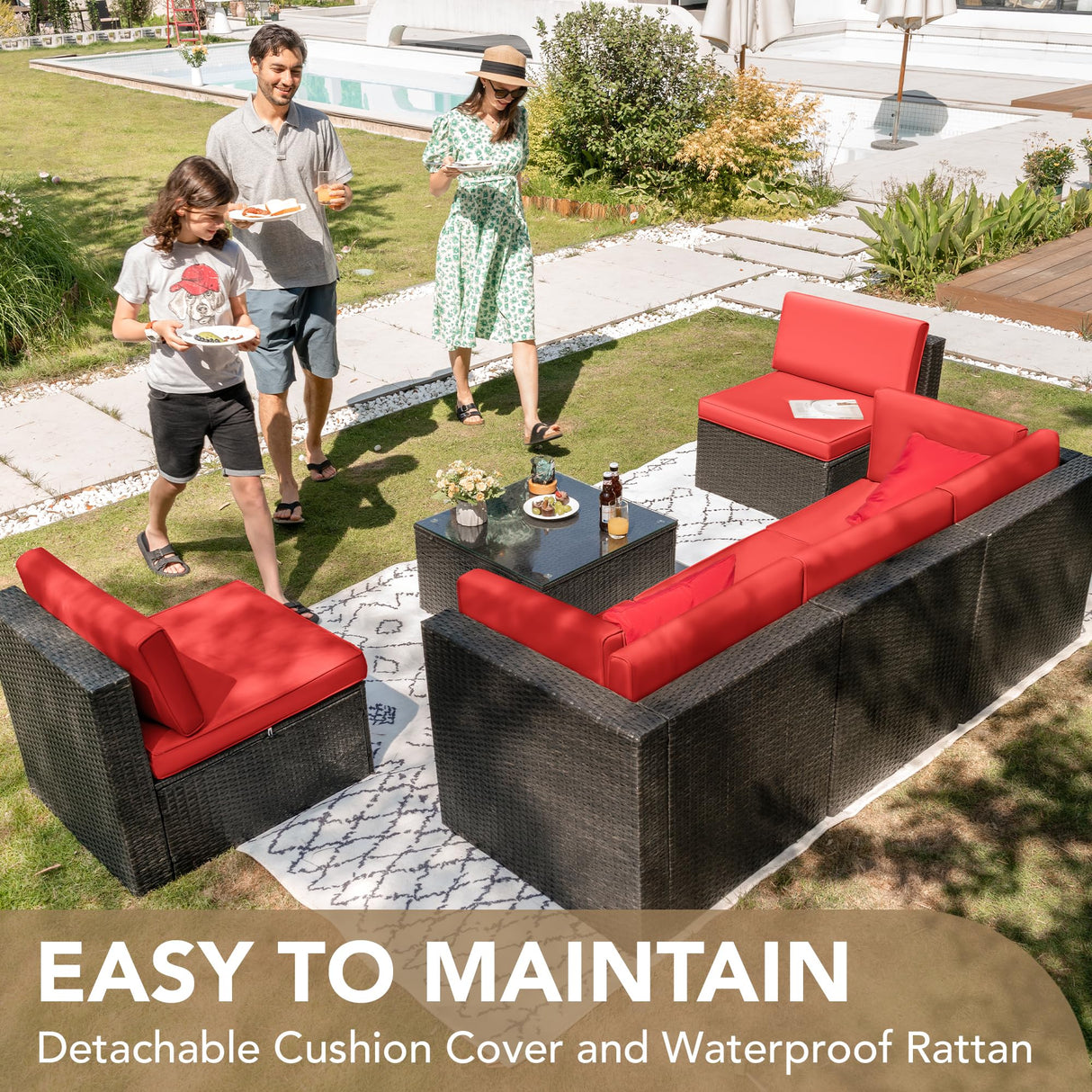 Devoko Patio Furniture Sets 6 Pieces Outdoor Sectional Rattan Sofa Manual Weaving Wicker Patio Conversation Set with Glass Table and Cushion (Red) Devoko