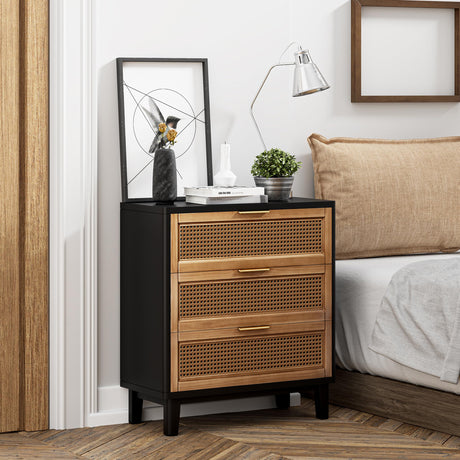 COZAYH Farmhouse 3-Drawer Nightstand, Set of 2 Woven Cane Front Accent Dresser with Brass Pull, Fully-Assembled, Black COZAYH