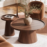 win2win Nesting Coffee Table Set of 2, Mid Century Modern Coffee Table with Wood Grain Veneer, Fluted Round Tea Table and End Table Set, Minimalist Center Tables for Living Room, Office, Walnut win2win