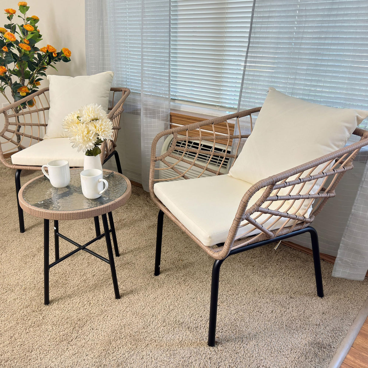 YITAHOME Accent Chairs Set of 2, Wicker Arm Chair with Soft Cushion, Comfy Living Room Chairs Mid-Century Modern Reading Chairs with Side Table for Living Room, Bedroom, Balcony, Beige YITAHOME