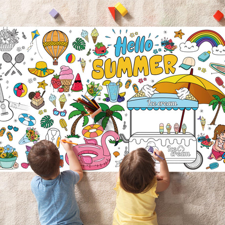OHOME Summer Giant Coloring Poster/Tablecloth - Summer Decorations - 30 x 72 Inches Jumbo Paper Coloring Banner - Kids Crafts Gifts Toys Games Ice Cream Party Decorations - Arts Crafts Supplies OHOME