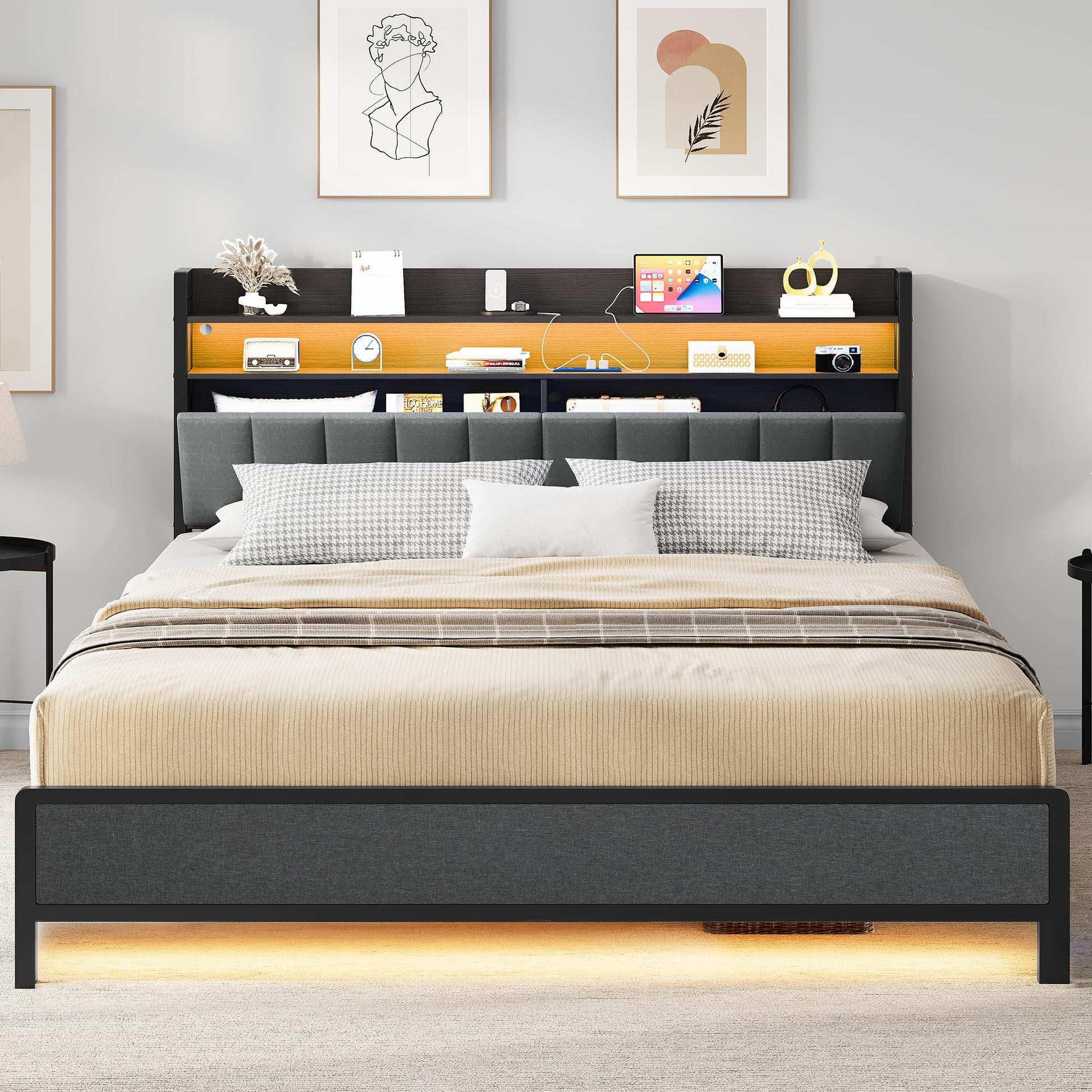 YITAHOME King Size LED Bed Frame with Storage Headboard & Charging Station – Grey Platform Upholstered Design - WoodArtSupply