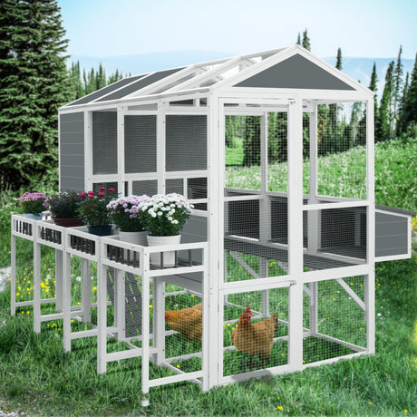 LZ LEISURE ZONE Chicken Coop with Chicken Run, Outdoor Hutch with Nesting Boxes, Wooden Walk-in Chicken House with Pull Out Trays, Garden Backyard Cage, Gray LZ LEISURE ZONE