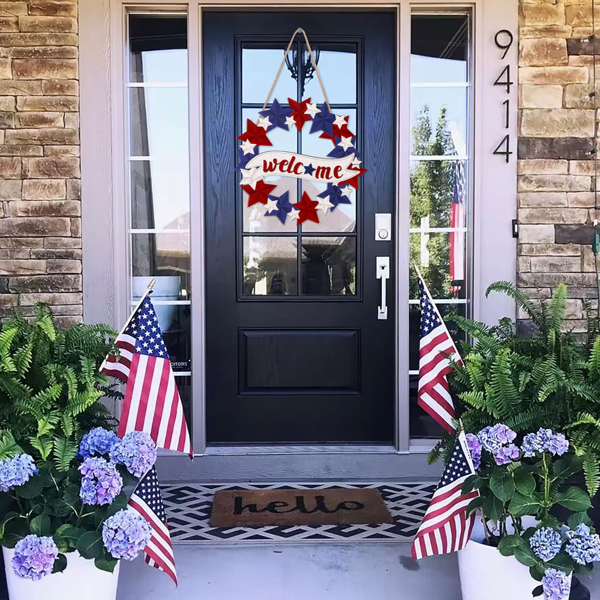 4th/Fourth of July Decorations Welcome Wreath for Front Door - Wooden Red White and Blue Star Sign, Patriotic Memorial Day Porch Home Wall Outside Decor 80UncleKimby