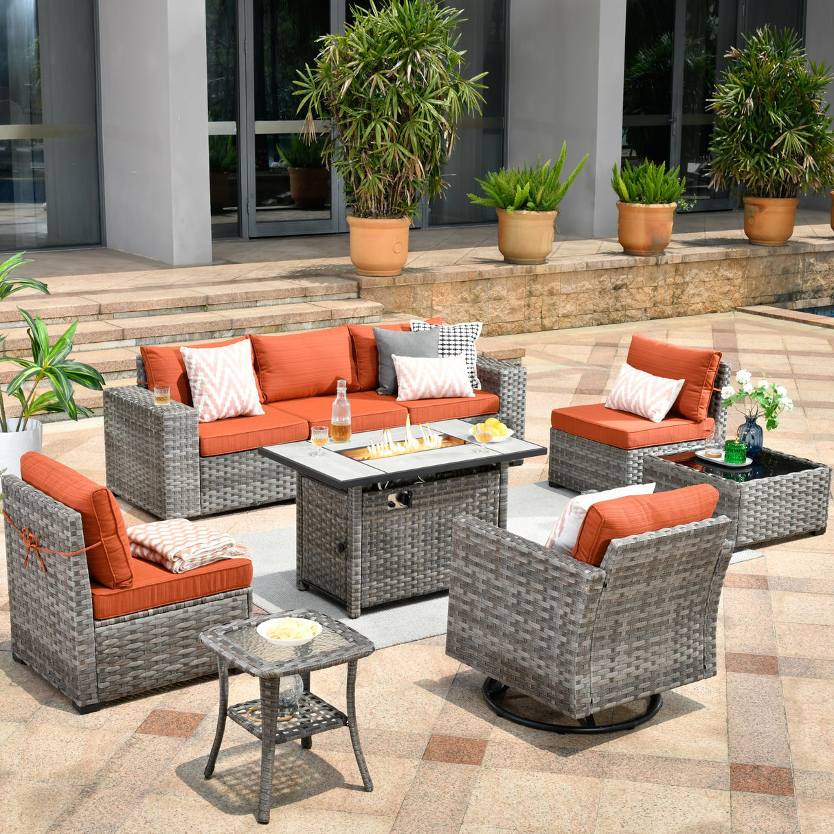 HOOOWOOO 9 Piece Modular Patio Outdoor Sectional Furniture Set with Gas Propane Fire Pit Table,Wicker Conversation Sofa Set with Swivel Chairs,Outside Couch Set(Orange Red) HOOOWOOO
