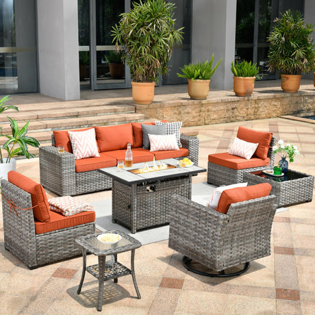HOOOWOOO 9 Piece Modular Patio Outdoor Sectional Furniture Set with Gas Propane Fire Pit Table,Wicker Conversation Sofa Set with Swivel Chairs,Outside Couch Set(Orange Red) HOOOWOOO