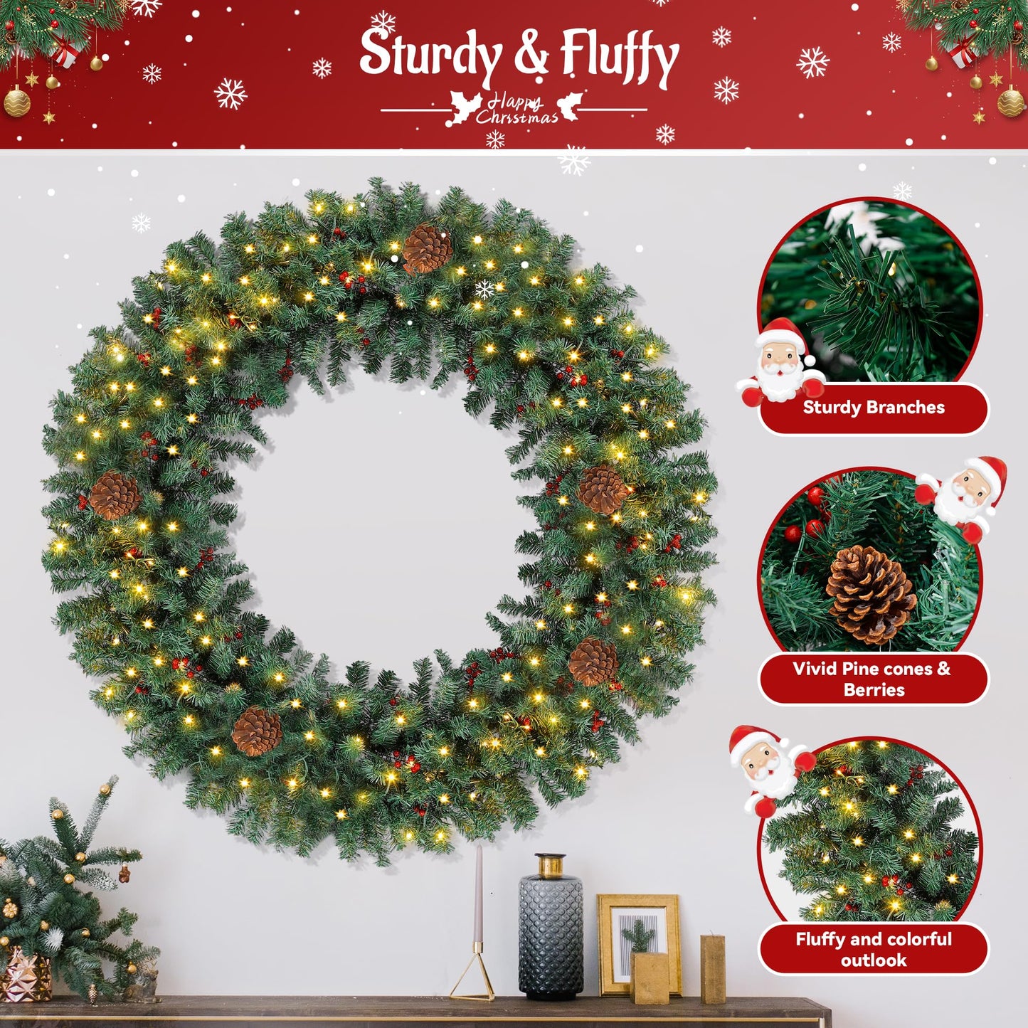 Prelit Christmas Wreath 48 Inches Large Outdoor Christmas Wreath 162 Warm White LED Lights, Artificial Lighted Christmas Wreath Winter Wreath with 460 PVC Tips Vivid Pine Cones and Berry Clusters