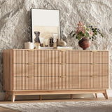 TROJM 63'' Wide 9 Drawers Dresser for Bedroom,Modern Fluted Vertical Chest with Rounded Corners,Fluted Dresser for Living Room,Hallway, Natural Wood TROJM