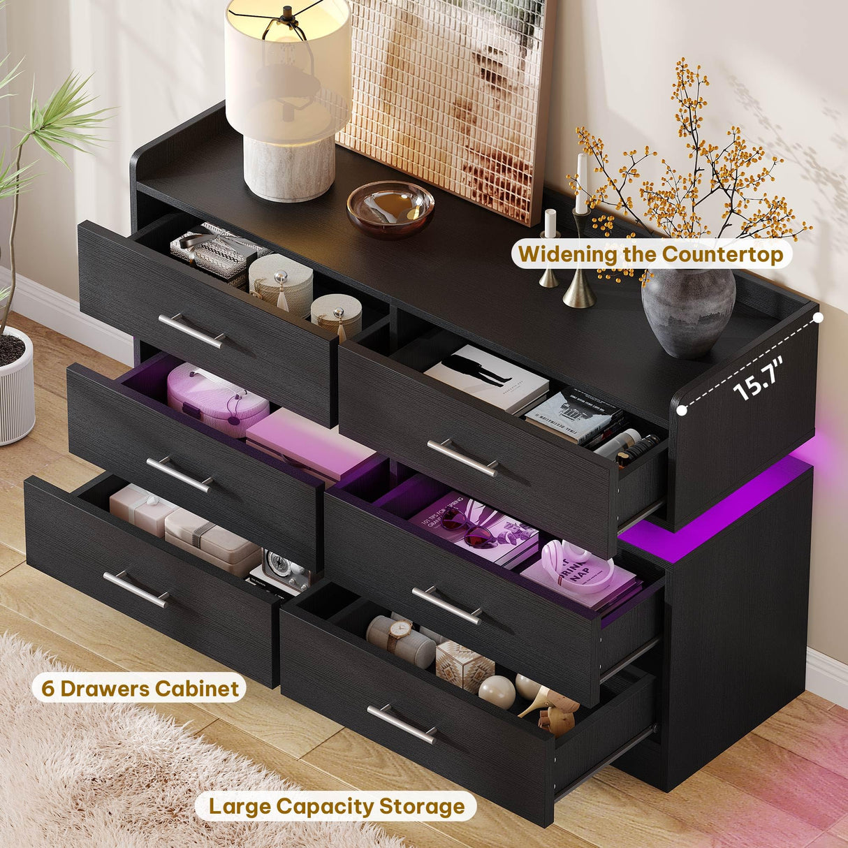 DWVO 6 Drawer Dresser with LED Light, Modern Dresser Chest of Drawers, Wide Drawer Organizer Cabinet with Top Storage Shelf, Black DWVO
