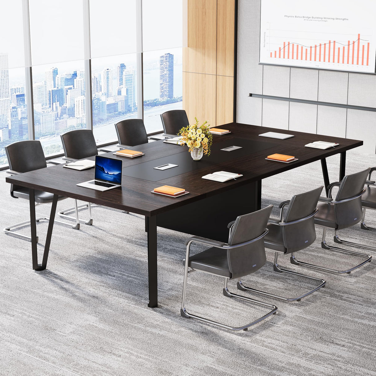 Tribesigns 8FT Large Conference Table, 94.5L x 47.2W x 29.5H Inches Modern Rectangle Meeting Table with Cable Management for Office Conference Room Business Seminar, Black Brown Tribesigns