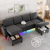 HYZQ Sectional Couches for Living Room, 4 Seat Linen Sectional Sofa with Reversible Chaise Lounge/Storage Ottoman, U Shaped Couch with Smart Module-Wireless Charging/USB/Type-C/RGB Light (Dark Grey) HYZQ