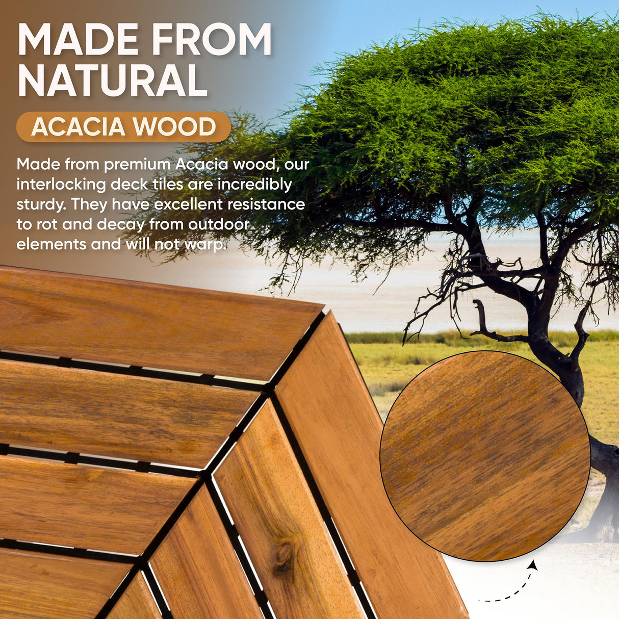 Interlocking Deck Tiles 12" x 9" Herringbone 6 Sq Ft - Non-Slip Acacia Wood Outdoor Tiles for Patio - Decking, Porch and Balcony Flooring Tiles - Easy to Install Wooden Deck Tile Pavers (8 Pack) Majestick Goods
