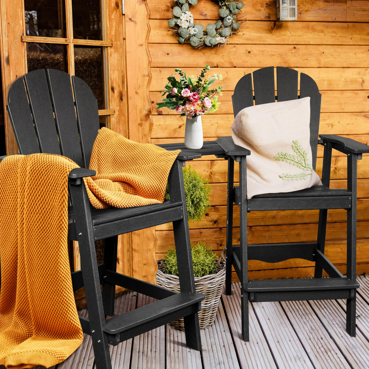 FRUITEAM Tall-Adirondack-Chairs-Set of 2, Outdoor Modern Bar-Height Adirondack Chairs, Double Raised Adirondack Patio Chairs with Removable Connecting Tray, for Pool, Yard, Lawn FRUITEAM