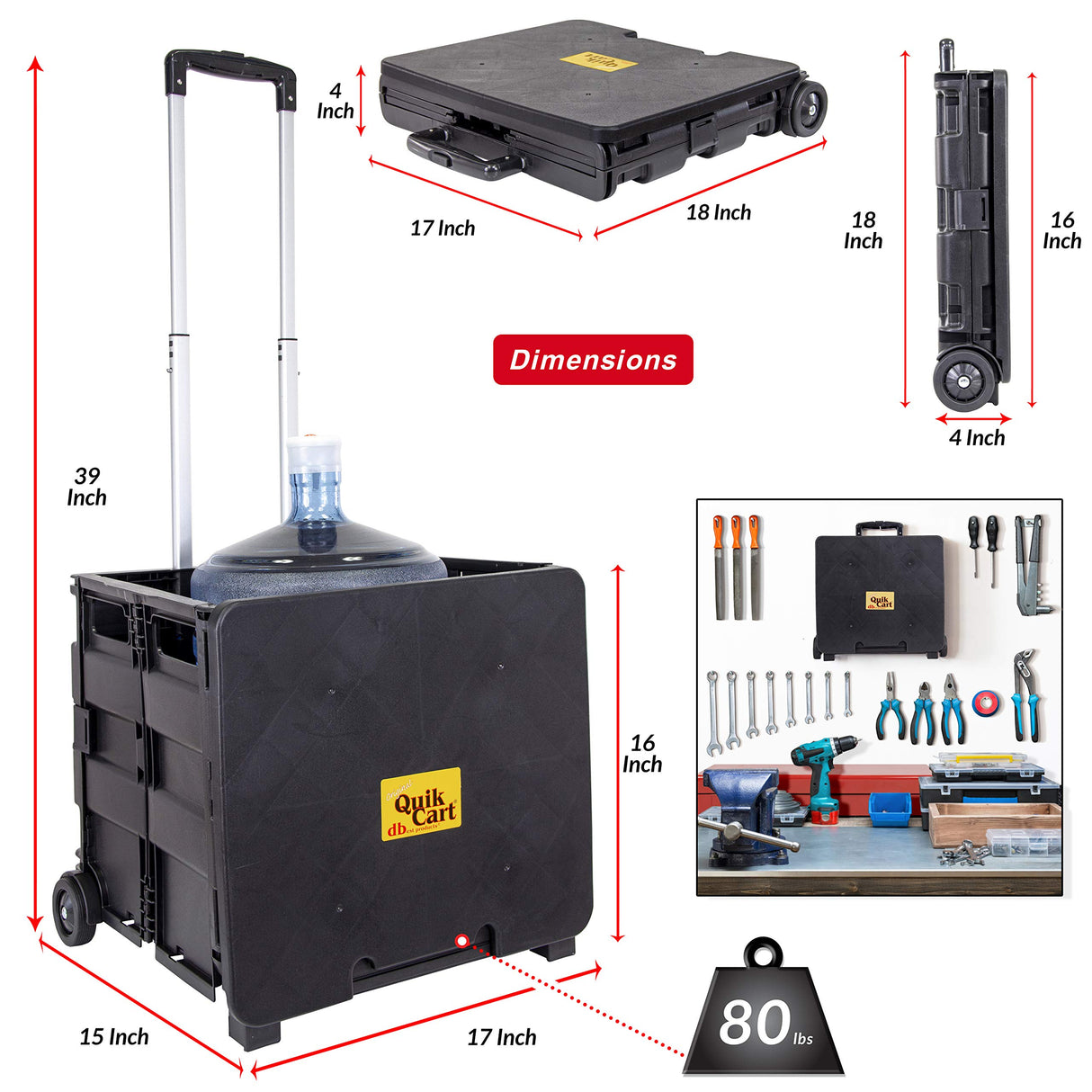 dbest products Quik Cart Collapsible Rolling Crate on Wheels for Teachers Tote Basket 80 lbs Capacity, Made from Heavy Duty Plastic Used as a Seat, Black dbest products