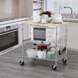 Finnhomy 3-Tier Rolling Kitchen Cart with 18" D x 30" W Oak Wood Tabletop, Kitchen Island Cart with 4" Wheels and Slider Shelf, Microwave Cart & Coffee Cart with Hooks for Dining Room, Chrome Finnhomy