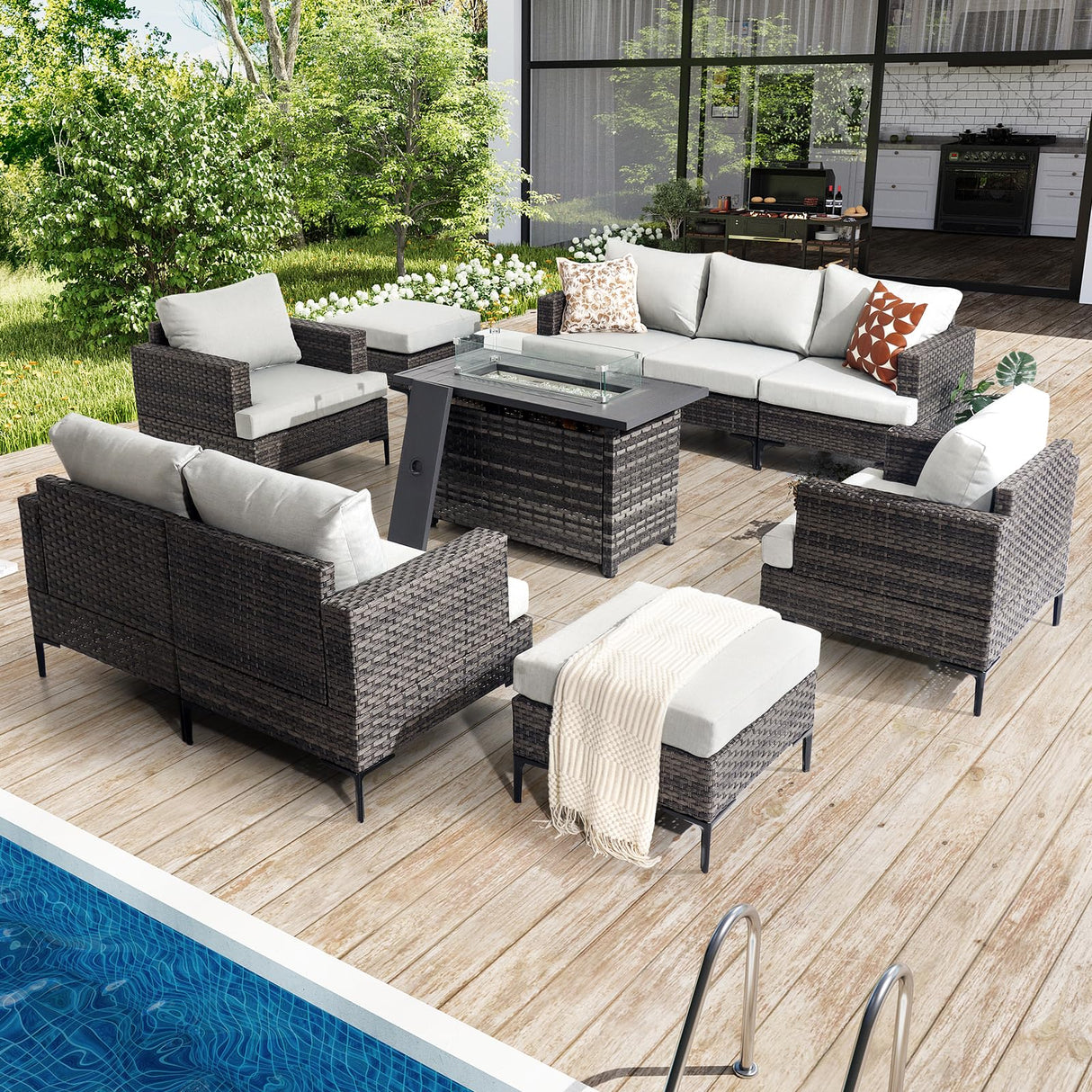 WELYAS 10 Piece Luxury Patio Furniture Set with 44" Fire Pit Table All Weather Outdoor Sectional with Thick Cushions Wicker Patio Conversation Set for Backyard, Deck, Garden WELYAS