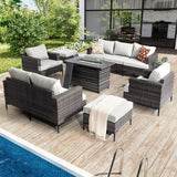 WELYAS 10 Piece Luxury Patio Furniture Set with 44" Fire Pit Table All Weather Outdoor Sectional with Thick Cushions Wicker Patio Conversation Set for Backyard, Deck, Garden WELYAS