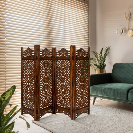 Light & Pro Wood Heart Design Handmade Hinged Foldable Partition 4 Panel Room Divider Screen with Intricately Carved Designs, Pre Assembled - Ready to Use - 48" x 1" x 64", Burnt Light & Pro