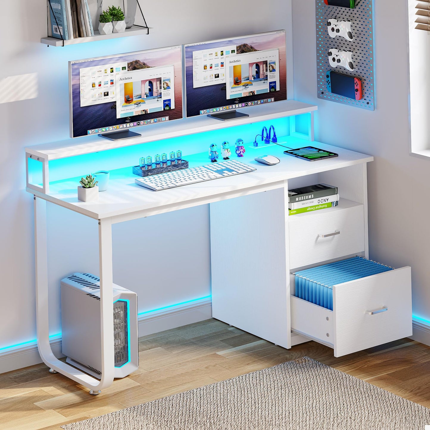 YITAHOME Computer Desk with Drawers, 47.2" Office Desk with Power Outlets & LED Light, Home Office Desk with Storage Shelves, White