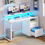 YITAHOME Computer Desk with Drawers, 47.2" Office Desk with Power Outlets & LED Light, Home Office Desk with Storage Shelves, White YITAHOME