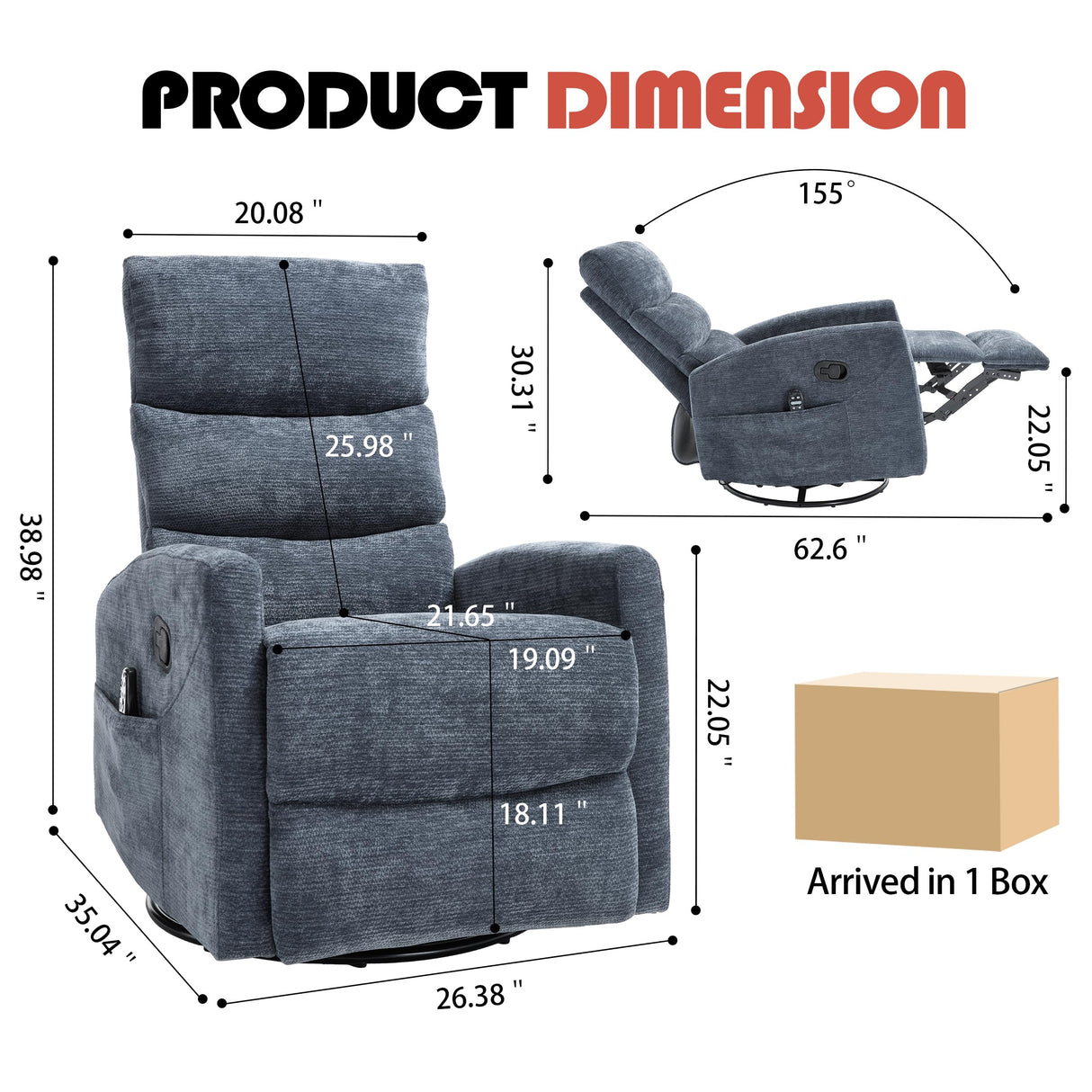 Manual Swivel Rocker Recliner Chair for Adults, Overstuffed Reclining Glider Chair for Nursing with Vibration Massage & Heat, Living Room Rocking Recliner 3-Stage backrest, Chenille Fabric Blue EZZUP