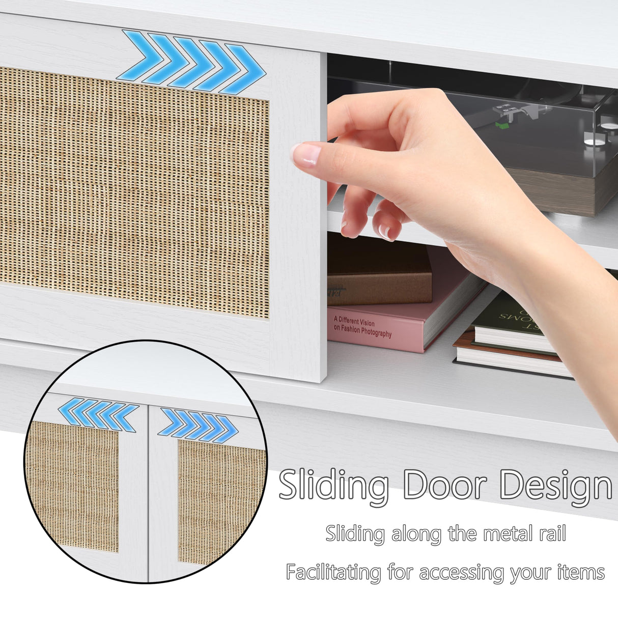 Boho TV Stand for 55 65 Inch TV, Rattan Entertainment Center with Shelves, Cabinets and Sliding Doors, TV Media Console Table with Solid Wood Feet & Cord Holes for Living Room, Bedroom, White Xixini