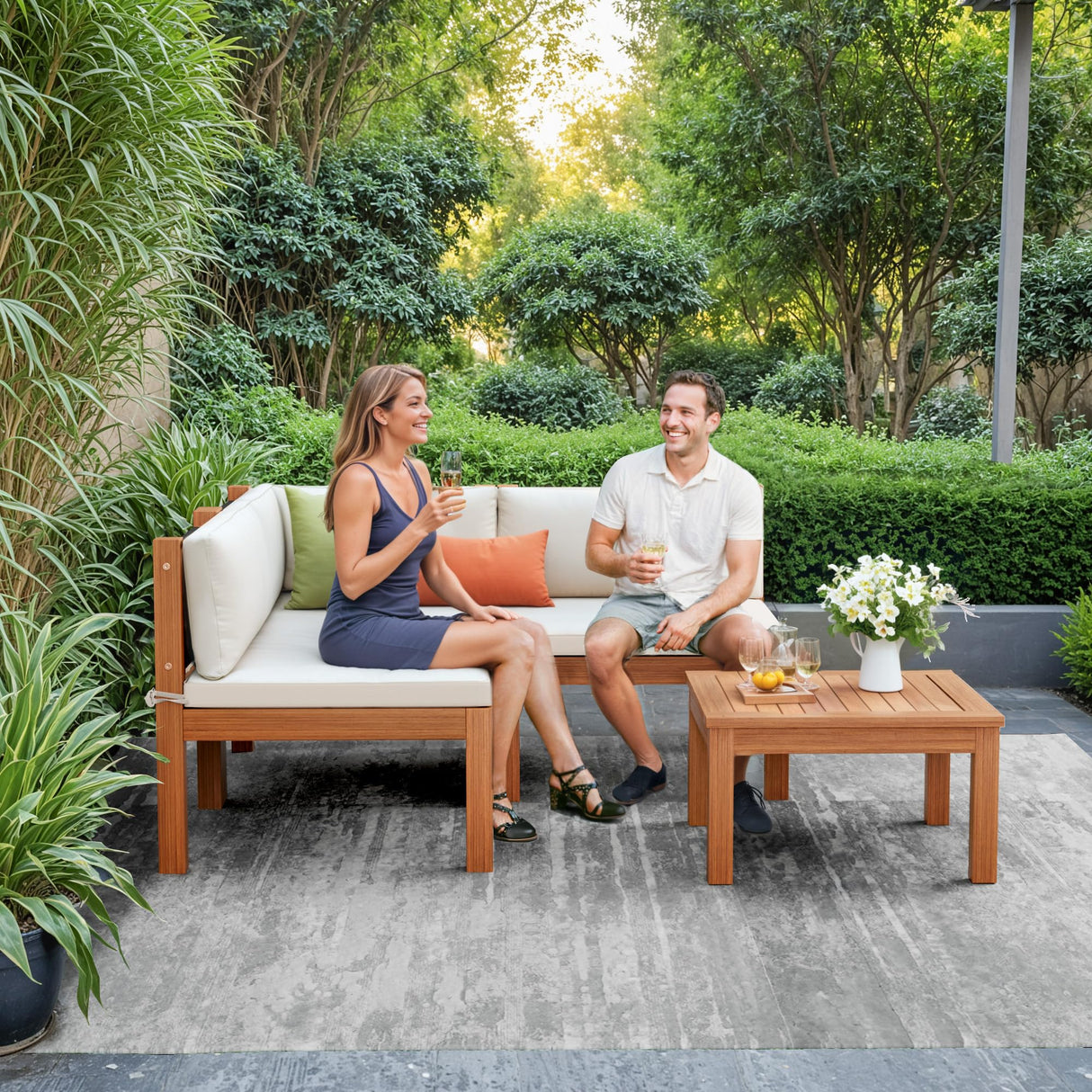 Devoko 4 Pieces Outdoor Sectional Couch Patio Sectional Sofa with Acacia Wood Coffee Table, Outdoor L-Shaped Couch with All-Weather Cushion for Patio,Deck,Backyard(White) Devoko