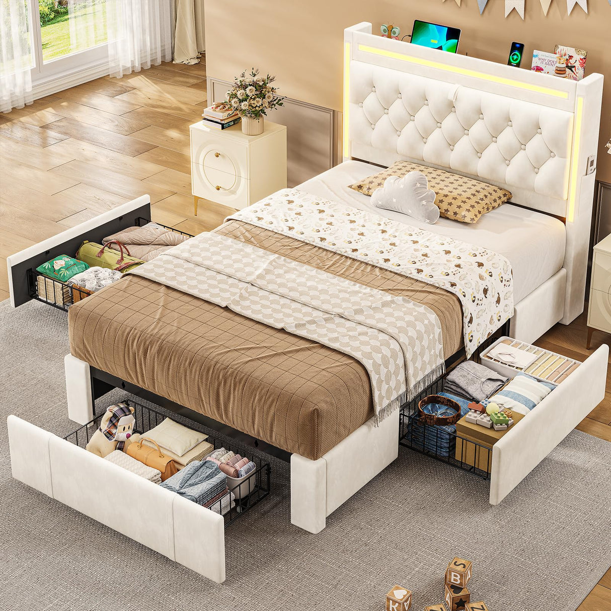 BTHFST Twin Upholstered LED Bed Frame with 3 Drawers, Velvet Hidden Storage Headboard with Charging Station, Button Tufted Headboard and Heavy Duty Metal Slats Support, No Box Spring Needed, Beige BTHFST