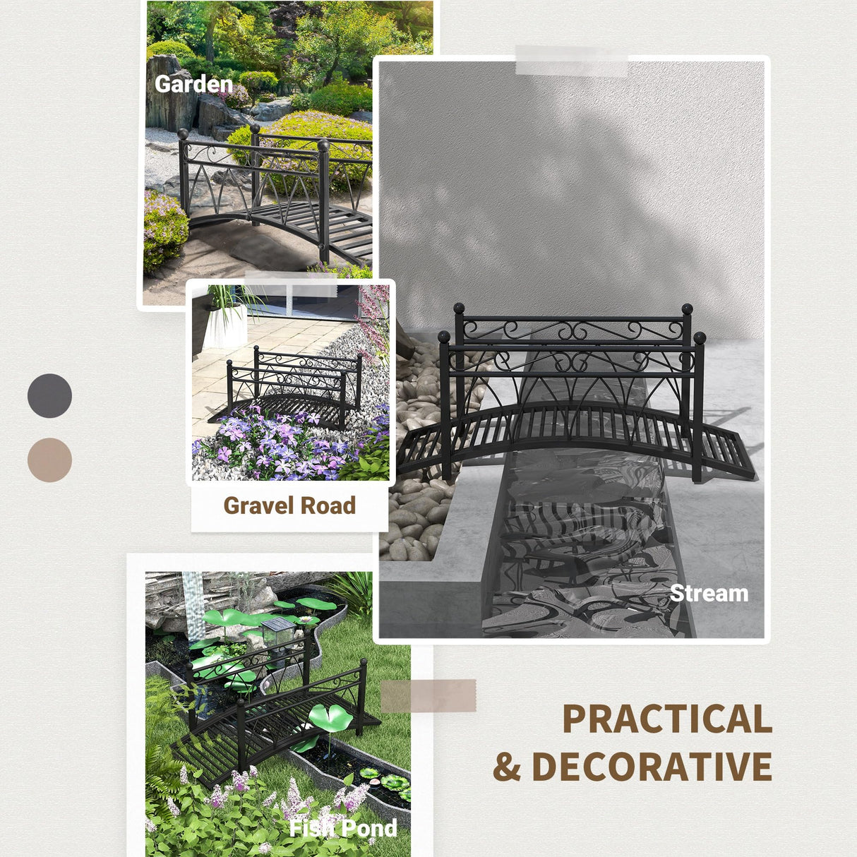 Outsunny 3.3' Metal Arch Zen Garden Bridge with Safety Siderails, Decorative Footbridge, Delicate Scrollwork & Corner Spheres for Stream, Fish Pond, Black Outsunny