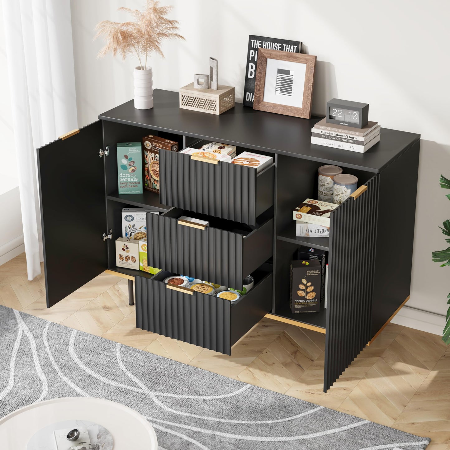 Buffets & Sideboards, Fluted Sideboard Cabinet, 2 Door 3 Drawer Design, Acceent Black Sideboard - Elegant Cabinet Ideal for Dining Room and Kitchen Storage 47.2 inch