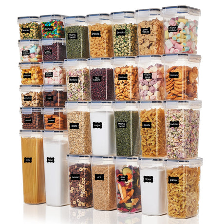 Vtopmart 32pcs Airtight Food Storage Containers Set, BPA Free Plastic Kitchen and Pantry Organization Canisters with Lids for Cereal, Dry Food, Flour and Sugar, Includes 32 Labels Vtopmart