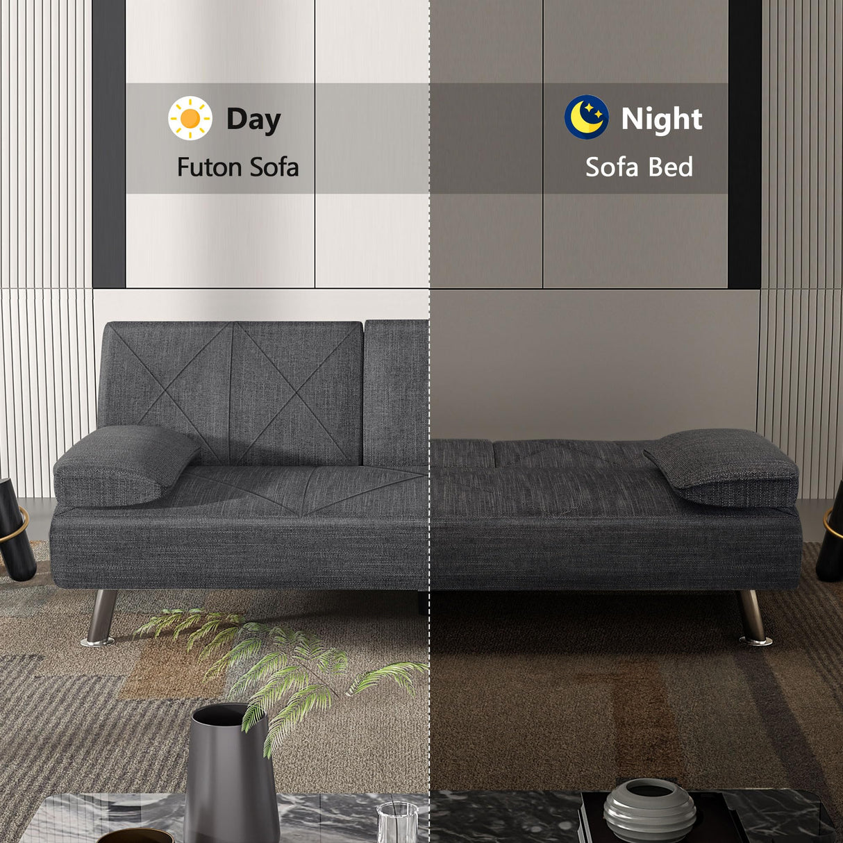 VECELO Modern Convertible Folding Futon Sofa Bed with Removable Armrests Breathable Linen Recliner Couch for Living Room/Apartment Lounge, 2 Cup Holders, Dark Grey VECELO