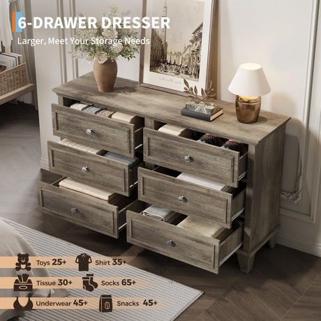 GarveeHome Farmhouse Grey Dresser for Bedroom with 6 Drawer, Double Dresser TV Stand with Vintage Handle, Wide Wood Dressers & Chests of Drawers, 6 Drawer Dressers for Bedroom, Living Room, Hallway GarveeHome
