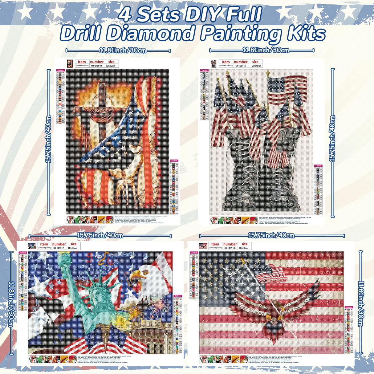 Independence Day Diamond Painting Kits for Boys 4 Pack 5D Military Diamond Art Patriotic Drill DIY American Flag Diamond Painting for Adults Home Wall Holiday Craft Decor, 12 x 16 Inches Leinuosen